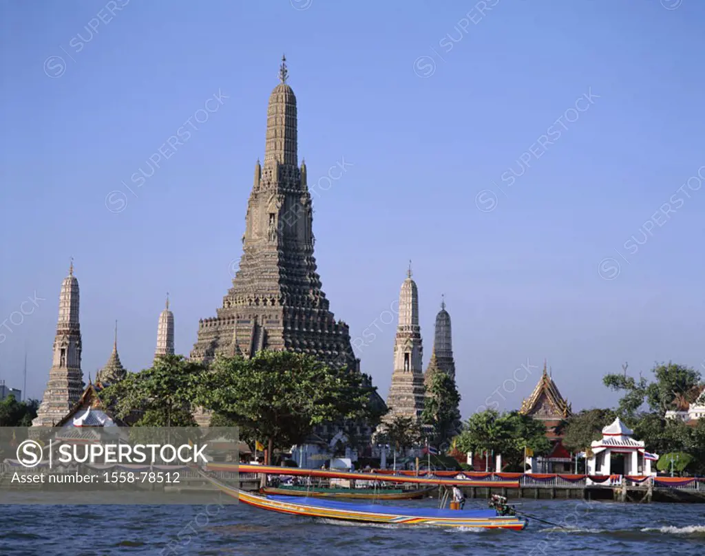 Thailand, Bangkok, wade Arun,  Chao Phraya river, trip boat,   Asia, southeast Asia, waters, boat, tourist boat, Gaze, temples of the morning redness,...