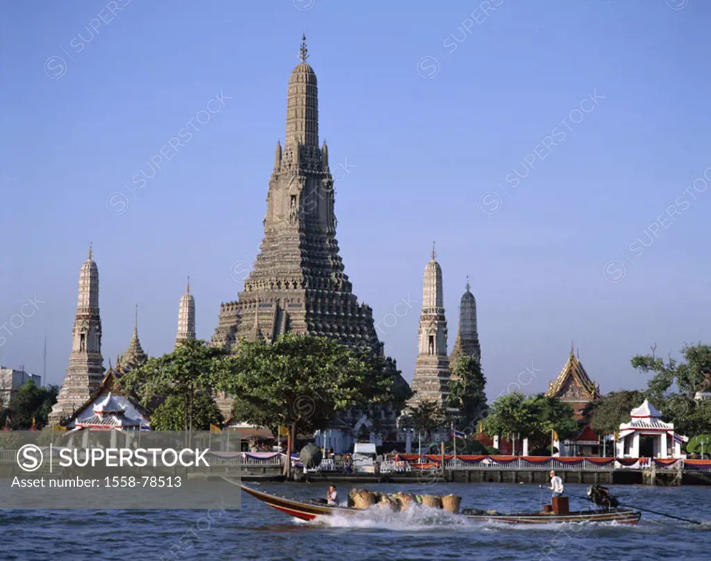 Thailand, Bangkok, wade Arun,  Chao Phraya river, transportation boat,  Asia, southeast Asia, waters, boat, ´ship´, gaze, temples of the morning redne...