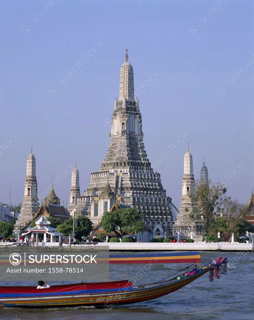 Thailand, Bangkok, wade Arun,  Chao Phraya river, boat,  Asia, southeast Asia, waters, ´ship´, gaze, temples of the morning redness, temple installati...