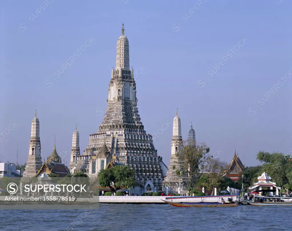 Thailand, Bangkok, wade Arun,  Chao Phraya river, boat,  Asia, southeast Asia, waters, ´ships´, gaze, temples of the morning redness, temple installat...