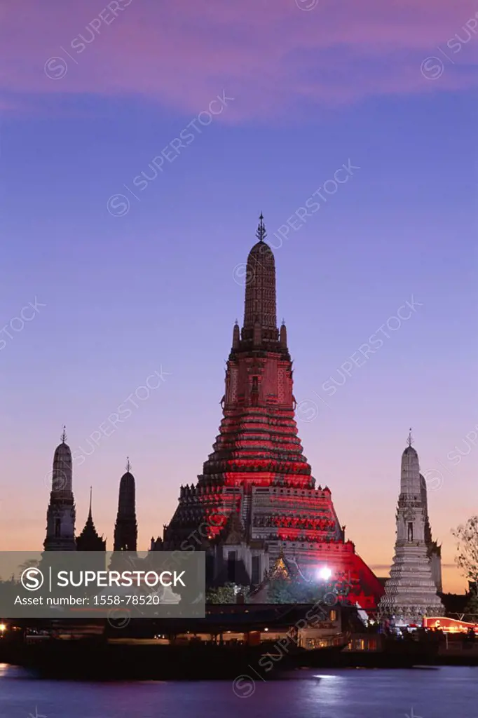 Thailand, Bangkok, silhouette, wade Arun,  Chao Phraya river, evening mood,  Asia, southeast Asia, waters, ´ships´, gaze, temples of the morning redne...