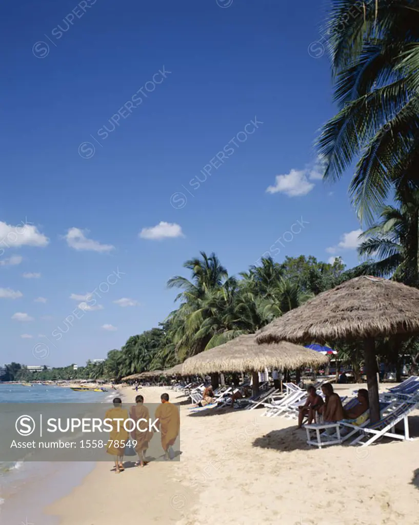 Thailand, Pattaya Beach, swimmers, Monks, view from behind,  Asia, southeast Asia, beach, hotel beach, beach, Sandy beach, deck chairs, parasols, tour...