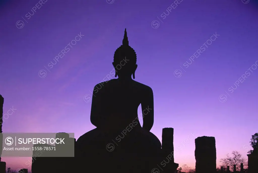 Thailand, Sukhothai, wade Mahathat, Silhouette, Buddhastatue, evening mood  Asia, southeast Asia, temple installation, statue, Buddha,  sedentary, cul...
