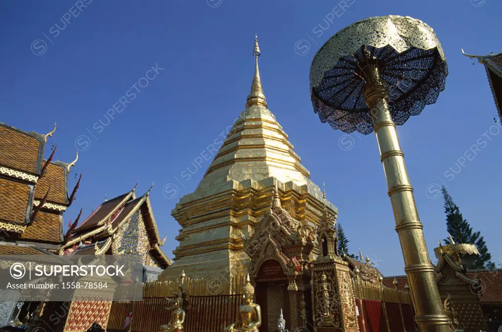 Thailand, Chiang May, wade Phra That  Doi Suthep, Chedi,  Asia, southeast Asia, temple installation, Zentral-Chedi, gild, golden, 20 m high, honor umb...