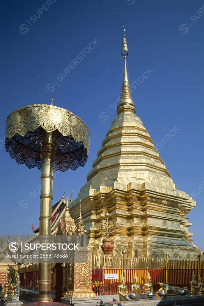 Thailand, Chiang May, wade Phra That Doi Suthep, Chedi, Ehrenschirm  Asia, southeast Asia, temple installation, Zentral-Chedi, gild, golden, 20 m high...