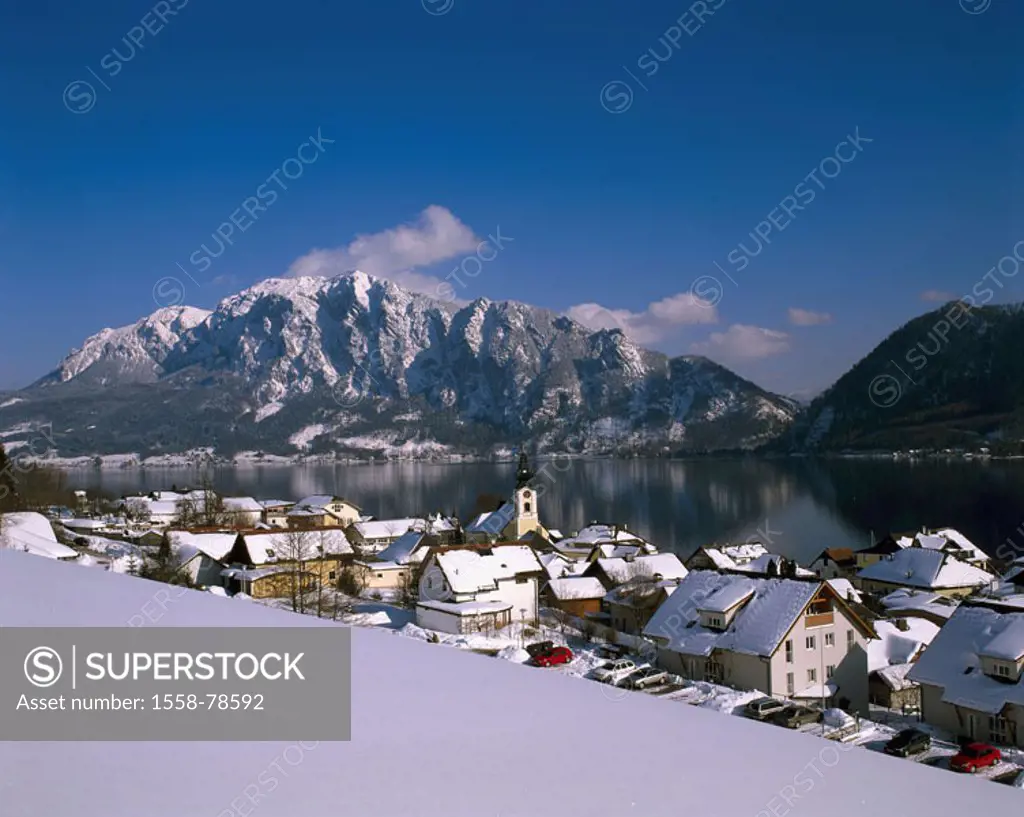 Austria, Oberösterreich,  Saline chamber property, Unterach, Attersee,  Hell mountains, snow, Europe, Central Europe, Attergau, alpine landscape, moun...