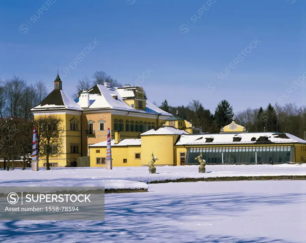 Austria, Salzburg, palace Hellbrunn,  Snow  Europe, Central Europe, city, district, sight, construction, architecture, baroque palace, style, baroque,...