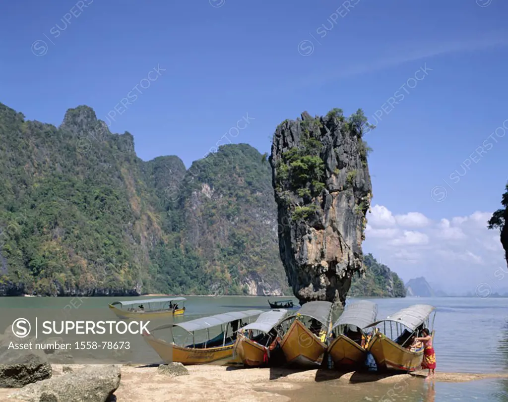 Thailand, Phuket, Phang Nga bay James Bond Iceland, sea, rock formation, Beach, trip boats, Asia, southeast Asia, bay, boats, tourist boats,  Water, r...