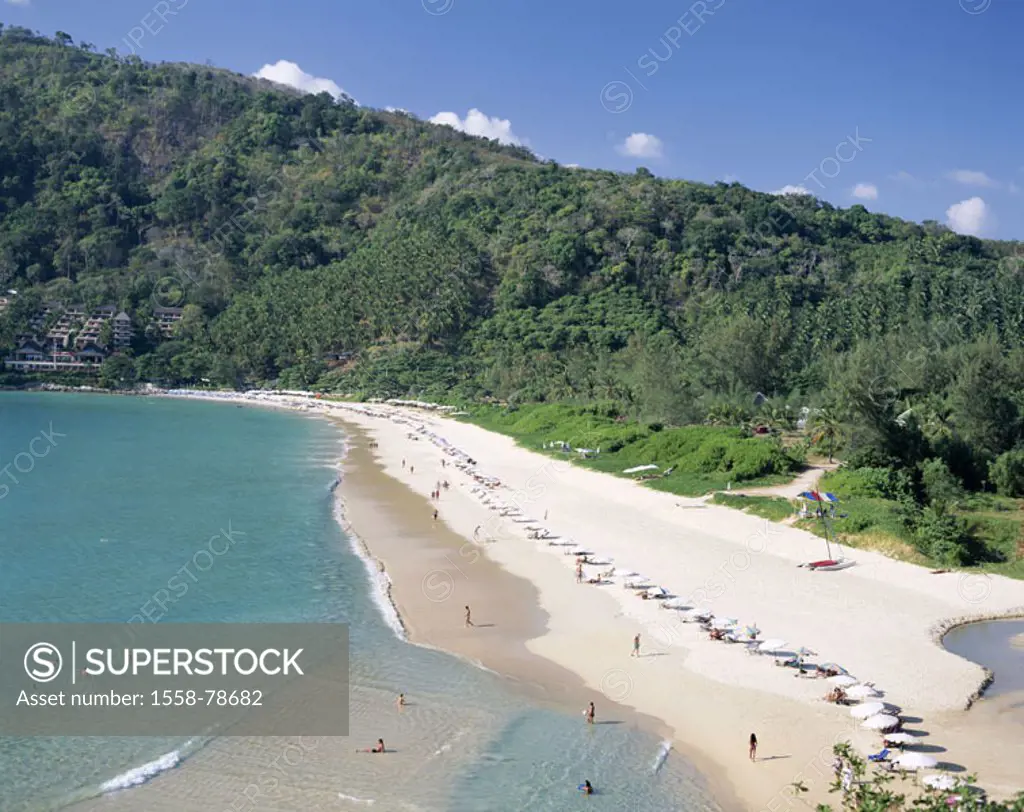 Thailand, Phuket, Nai urine Beach,  Swimmers, overview,  Asia, southeast Asia, island, hotel beach, deck chairs, Parasols, beach, sandy beach, beach, ...