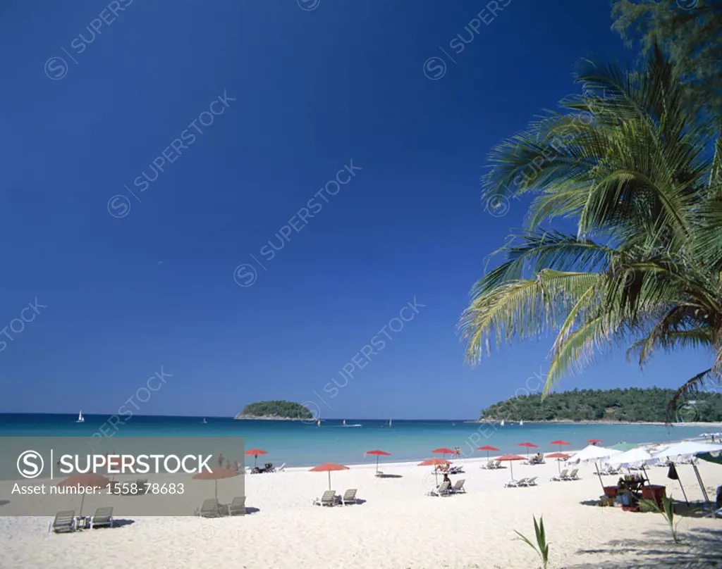 Thailand, Phuket, Kata Beach,  Beach  Asia, southeast Asia, island, hotel beach, deck chairs, Parasols, sandy beach, beach, swimmers,  Tourists, relax...