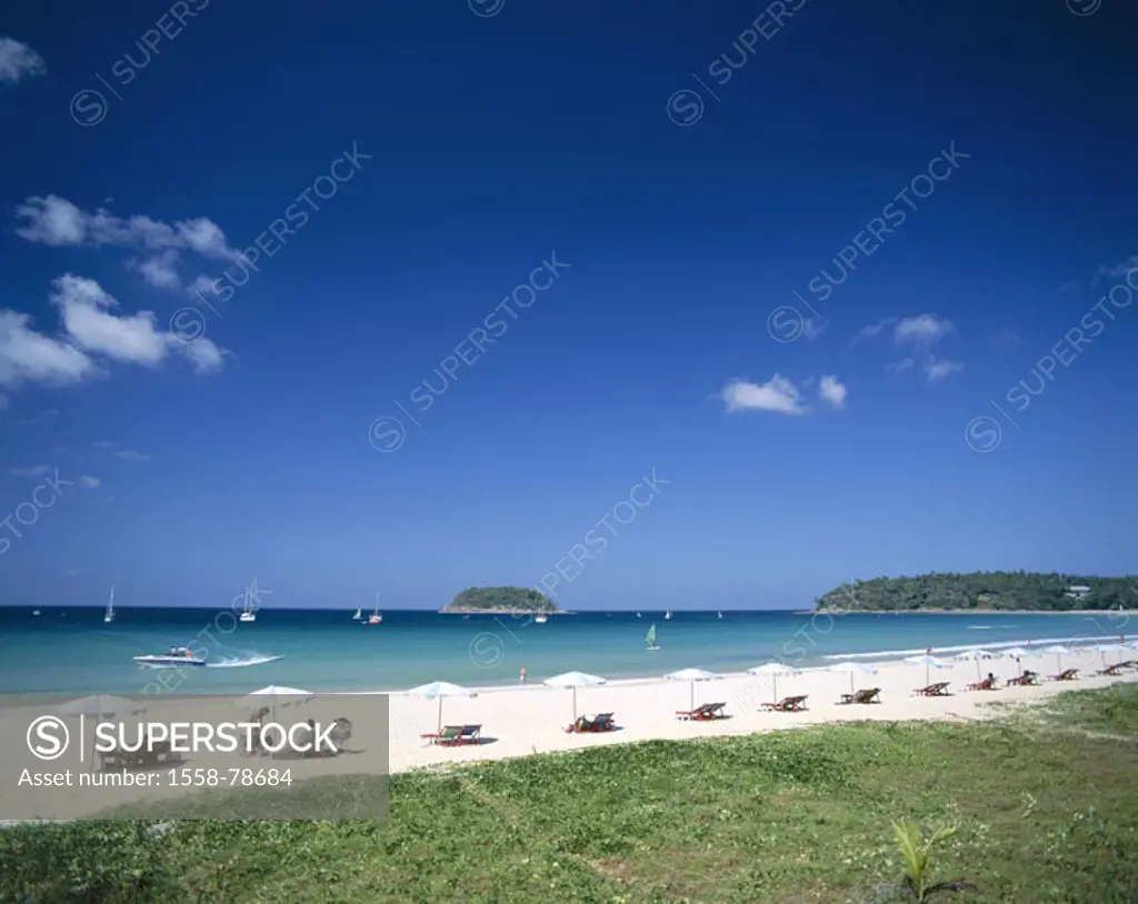 Thailand, Phuket, Kata Beach,  Beach  Asia, southeast Asia, island, hotel beach, deck chairs, Parasols, sandy beach, beach, swimmers,  Tourists, relax...