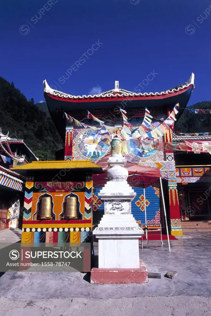 China, province Sichuan, highland,  Temples, prayer mills,  Prayer flags Asia, Eastern Asia, central China, mountain village, buildings, construction,...