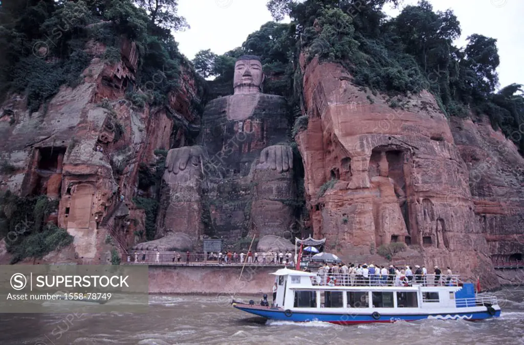 China, province Sichuan, Leshan, big  Buddha, tourists, Ming-Fluss,  Trip boat Asia, Eastern Asia, central China, Loshan, sight, min Jiang riversides ...