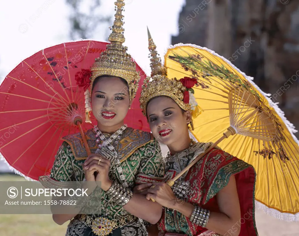 Thailand, Bangkok, temple dancers, folklore clothing, parasols, Half portrait Series, Asia, southeast Asia, women, dancers, headdress, headgears, umbr...