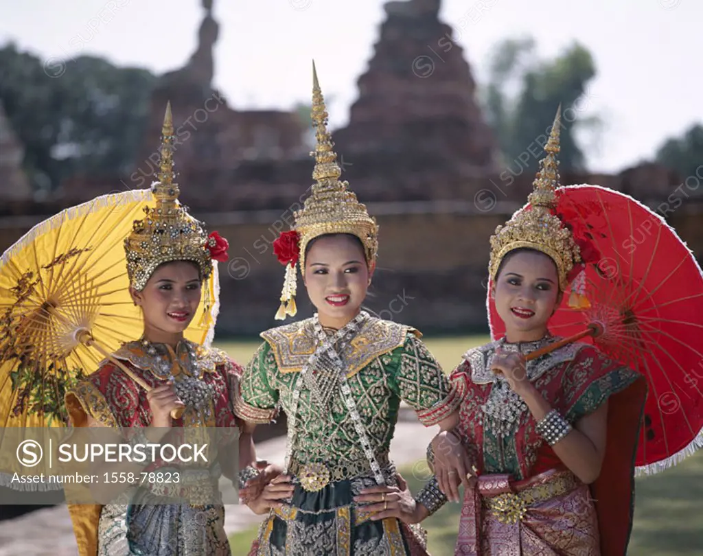 Thailand, Bangkok, temple dancers, folklore clothing, parasols, Half portrait Series, Asia, southeast Asia, women, dancers, headdress, headgears, umbr...