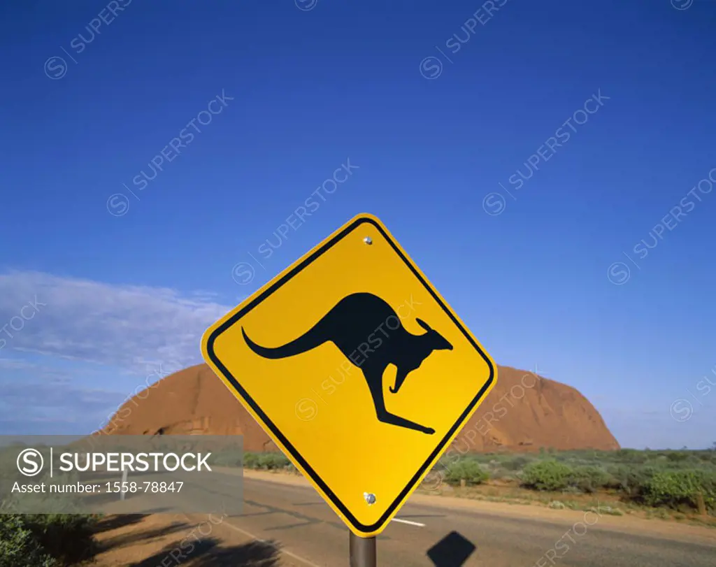 Australia, Northern Territory, Uluru  Kata Tjuta-Nationalpark, Uluru,  Street sign, kangaroo, Uluru National park, landscape, Ayers skirt, mountain, i...