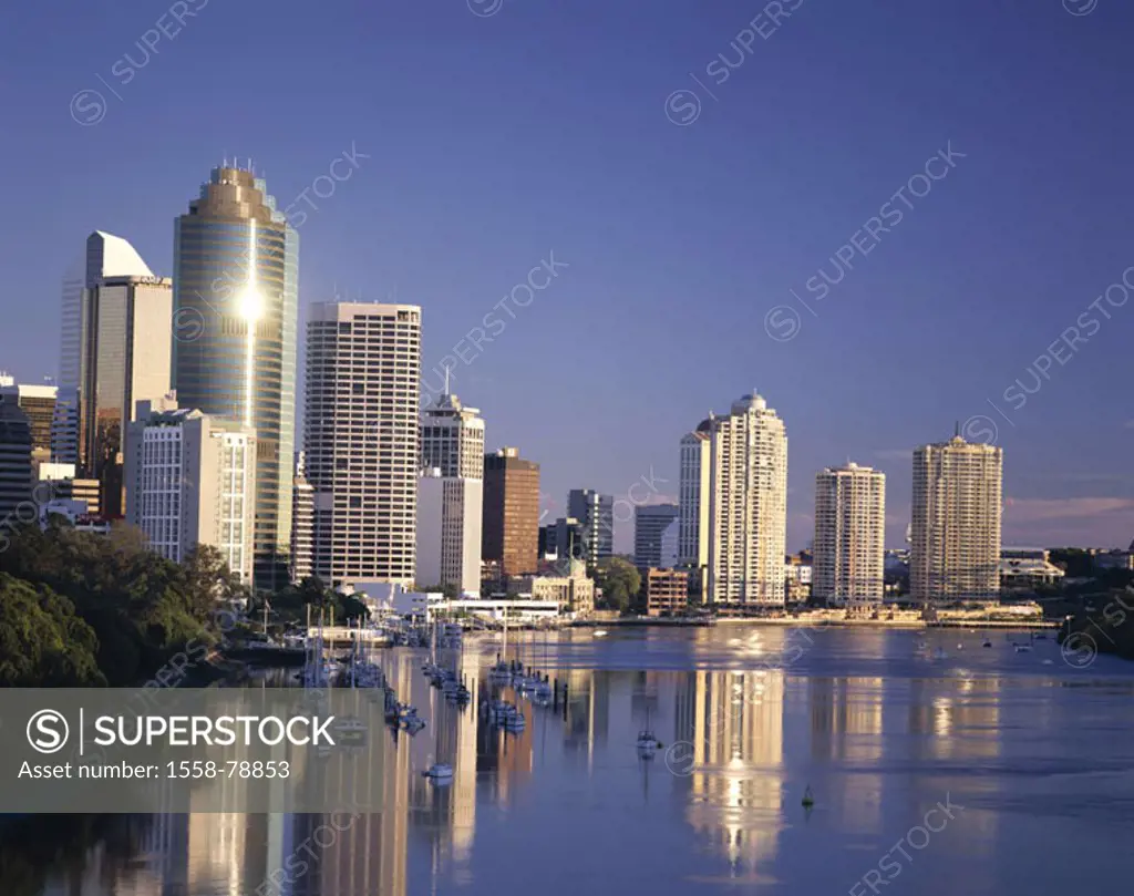 Australia, Queensland, Brisbane,  view at the city, Brisbane River,  Sunset East coast, cityscape, skyline, skyscrapers, skyscrapers, river, harbor, d...