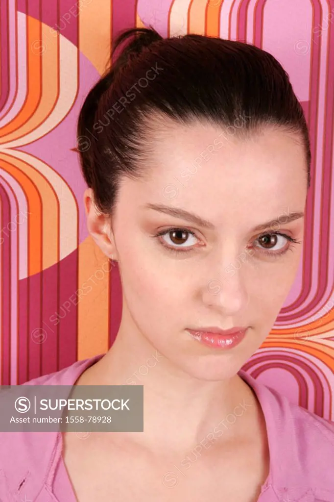Woman, young, brunette, portrait, background,  Wallpaper, Retro-Muster,  Series, women portrait, 20-30 years, youth, hair back-bound, eye color brown,...