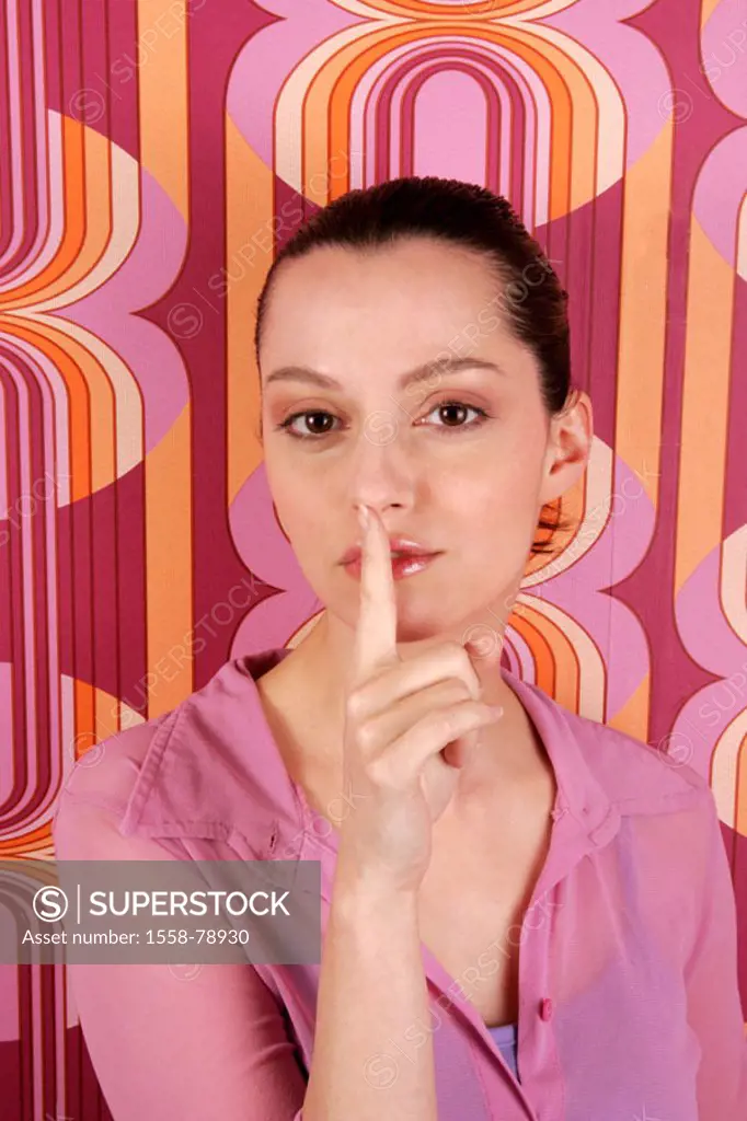 Woman, young, brunette, gesture quietly, portrait,  Background, wallpaper, Retro-Muster  Series, women portrait, 20-30 years, youth, hair back-bound, ...