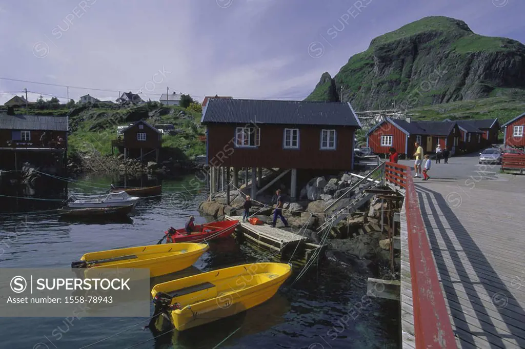 Norway, Fylke North country, Lofoten,  Island Moskenesöy, fisher village A,  Cottages, harbor, boats, passer-bys, no mr Europe, Northern Europe, Scand...