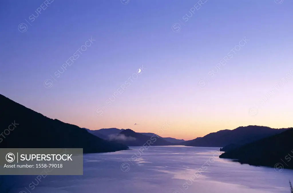 New Zealand, South island, region Marlborough, Queen Charlotte sound, evening mood,  Coast landscape, highland, waters, bays, sunset, moon, moon sickl...
