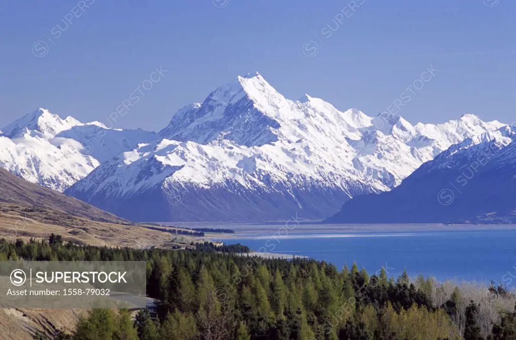 New Zealand, South island, brine Pukaki, Mount Cook, 3764 m, snow-covered  Southern Alps Mountain position, New Zealand Alps, highland, mountains, mou...