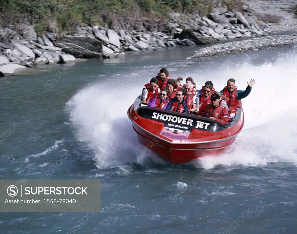New Zealand, South island, close to Queenstown, Shotover River, Jetboot, tourists  River, wild water, boat, motorboat, ´Shotover Jet´, boat tour, boat...