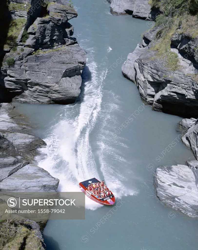 New Zealand, South island, close to Queenstown, Shotover River, canyon, Jetboot,  Tourists, from above River, wild water, shores, rocks, boat, motorbo...