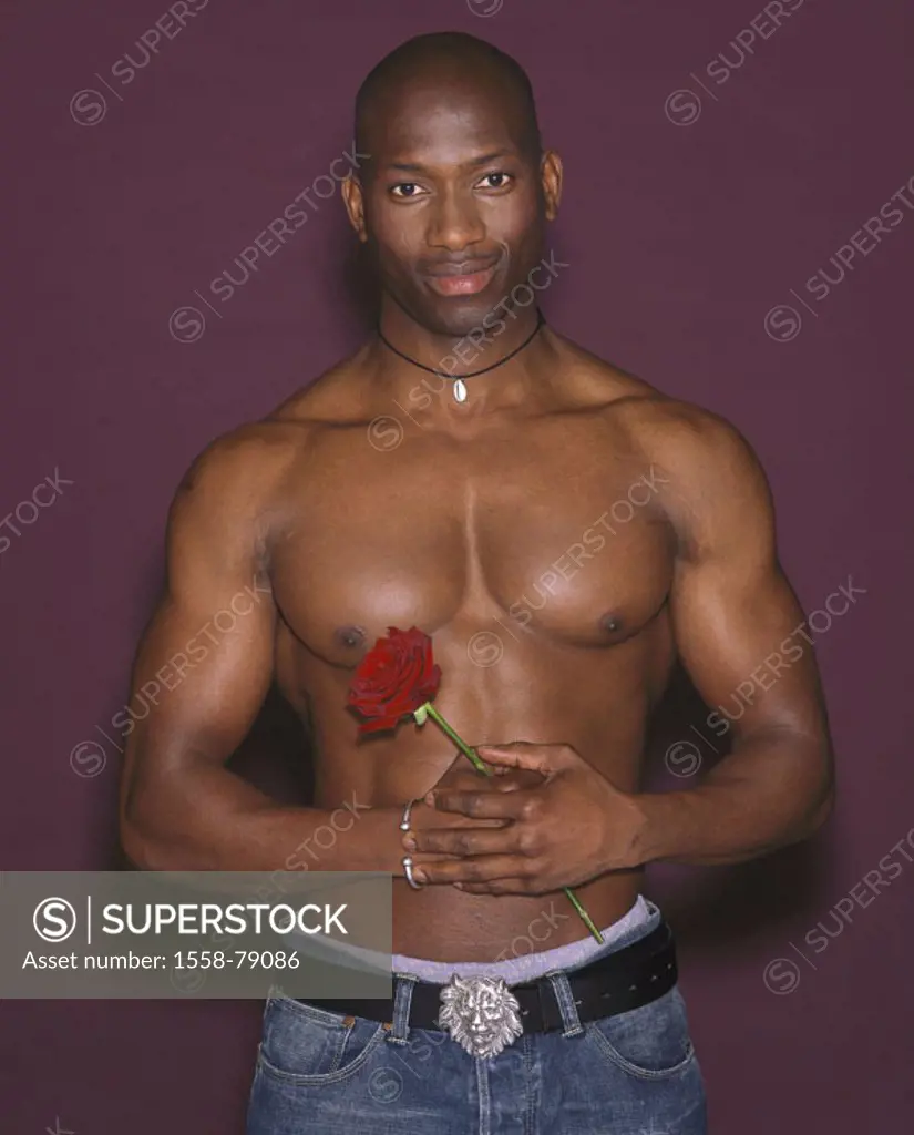 Man, people of color, smiling, upper bodies free,  muscular, rose, Halbporträt, holding  Series, men´s portrait, 20-30 years, swarthily, necklace durc...