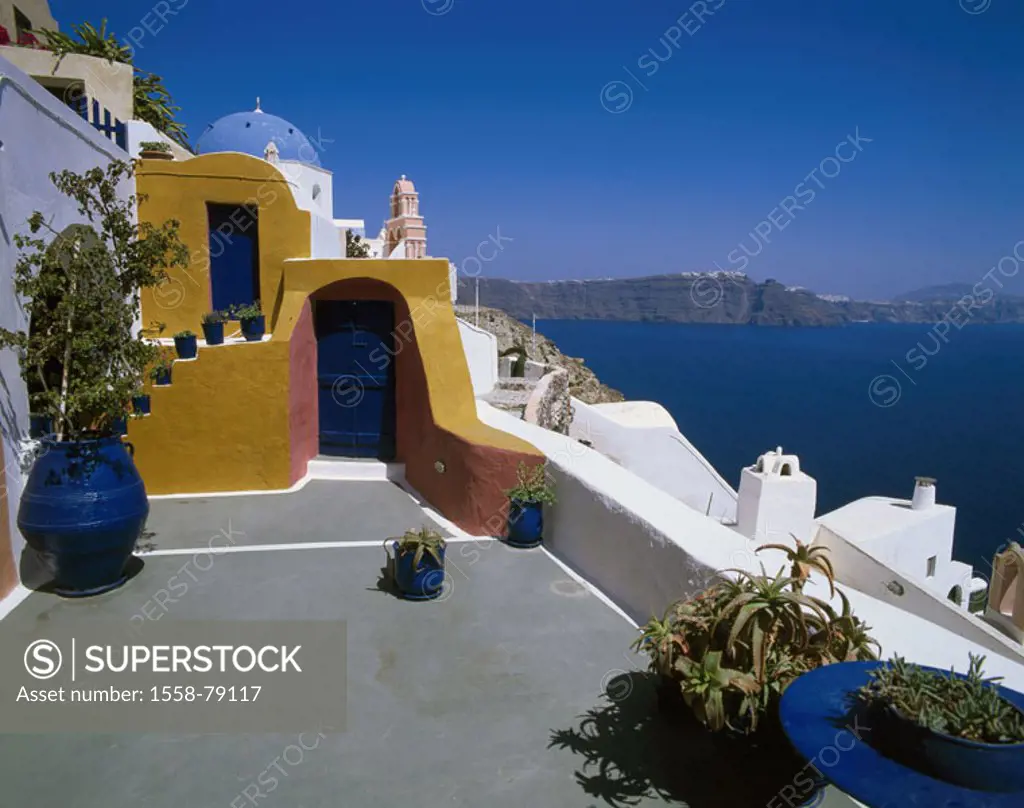 Greece, Kykladen, island Santorin,  Oia, coast, houses, architecture, typical,  colorful, picturesque, sea gaze  Europe, Mediterranean, Aegean, Kyklad...