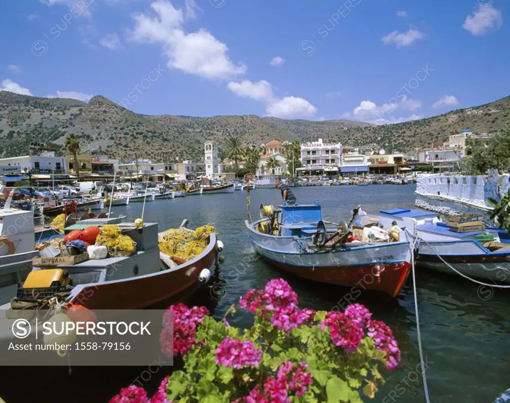 Greece, Crete, Elunda,  skyline, harbor, fisher boats   Europe, Mediterranean island, island, Mediterranean, rice goal, vacation, tourism, place, Elou...