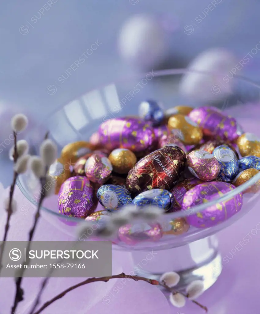 Glass tray, chocolate eggs,  Palmkätzchen, fuzziness,  Easter, Easter, decoration, peel, candies, sweet, Easter eggs, shines, shine, brilliantly, sedu...