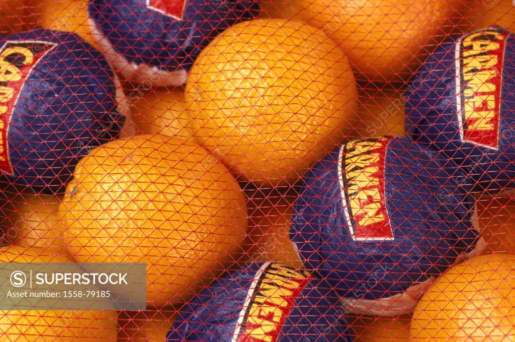 Network, oranges, close-up   Food, fruits, fruit, South fruits, citrus fruits, citrus sinensis, many, package, paper, enveloped writing, kind Carmen h...