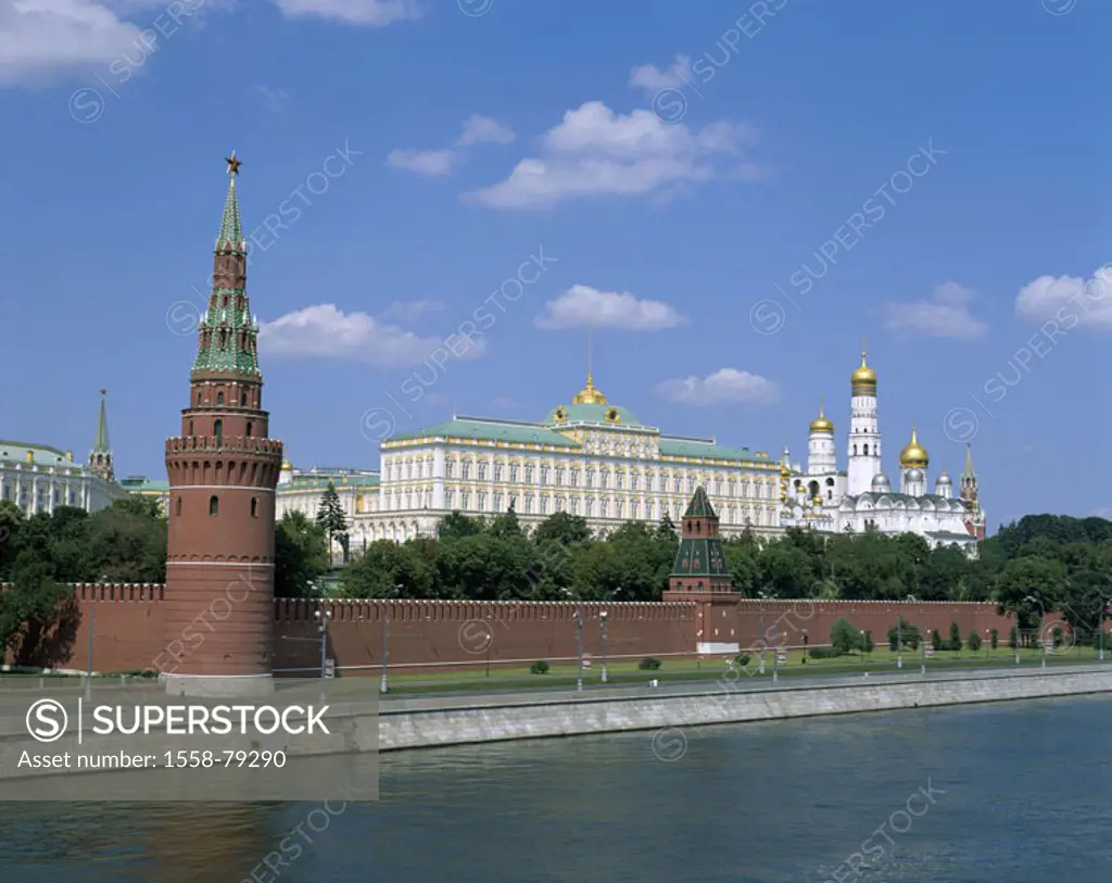 Russia, Moscow, view at the city, Kremlin, Moskwa,  Series, capital, Kremlin wall, Backsteinmauer,  Kremlin palace, Eckturm, churches, cathedrals, tow...