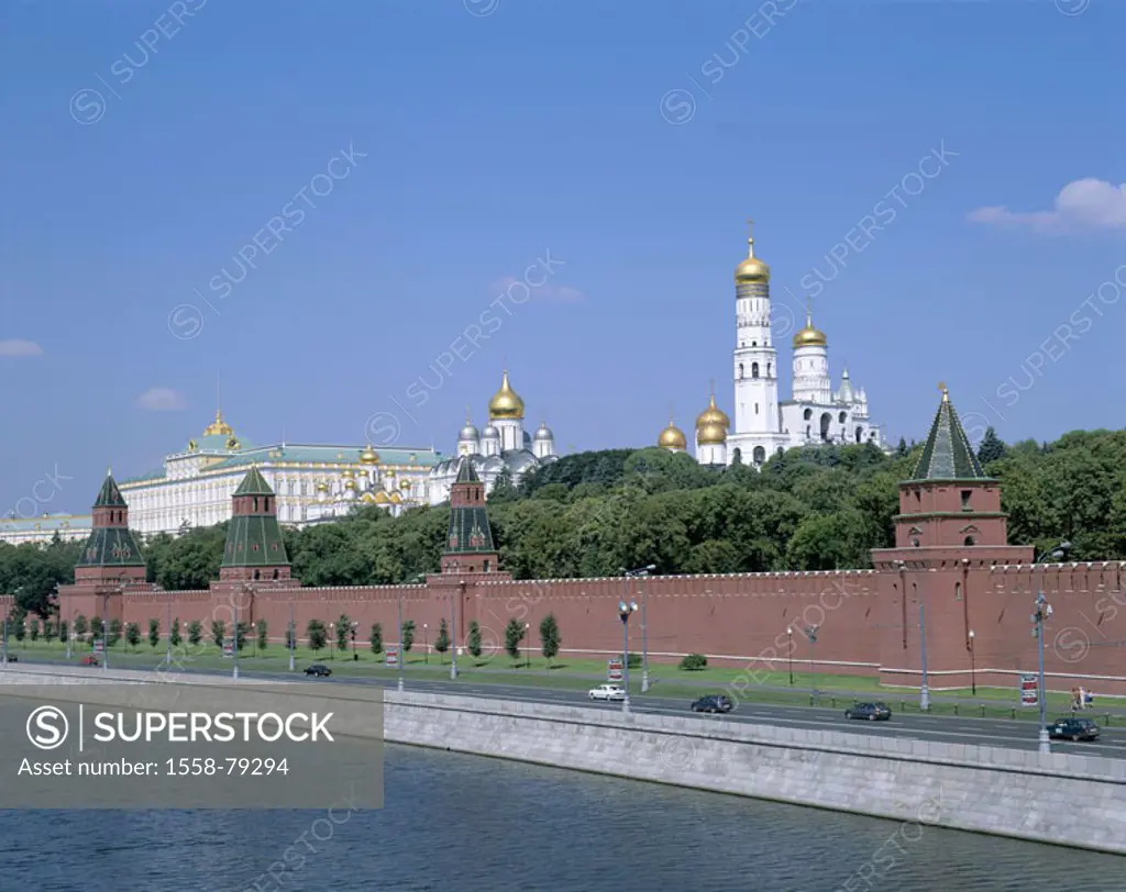 Russia, Moscow, view at the city, Kremlin, Moskwa,   Series, capital, Kremlin wall, Backsteinmauer,  Kremlin palace, Eckturm, churches, cathedrals, to...