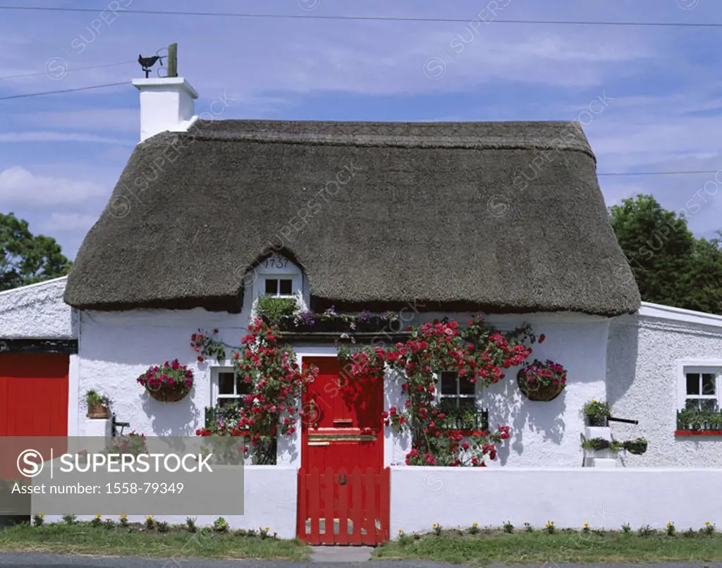 Ireland, county Waterford, Cottage,  Flowers, door, garden gate, red,   Europe, island, house, residence, country house, typically, thatch flower jewe...