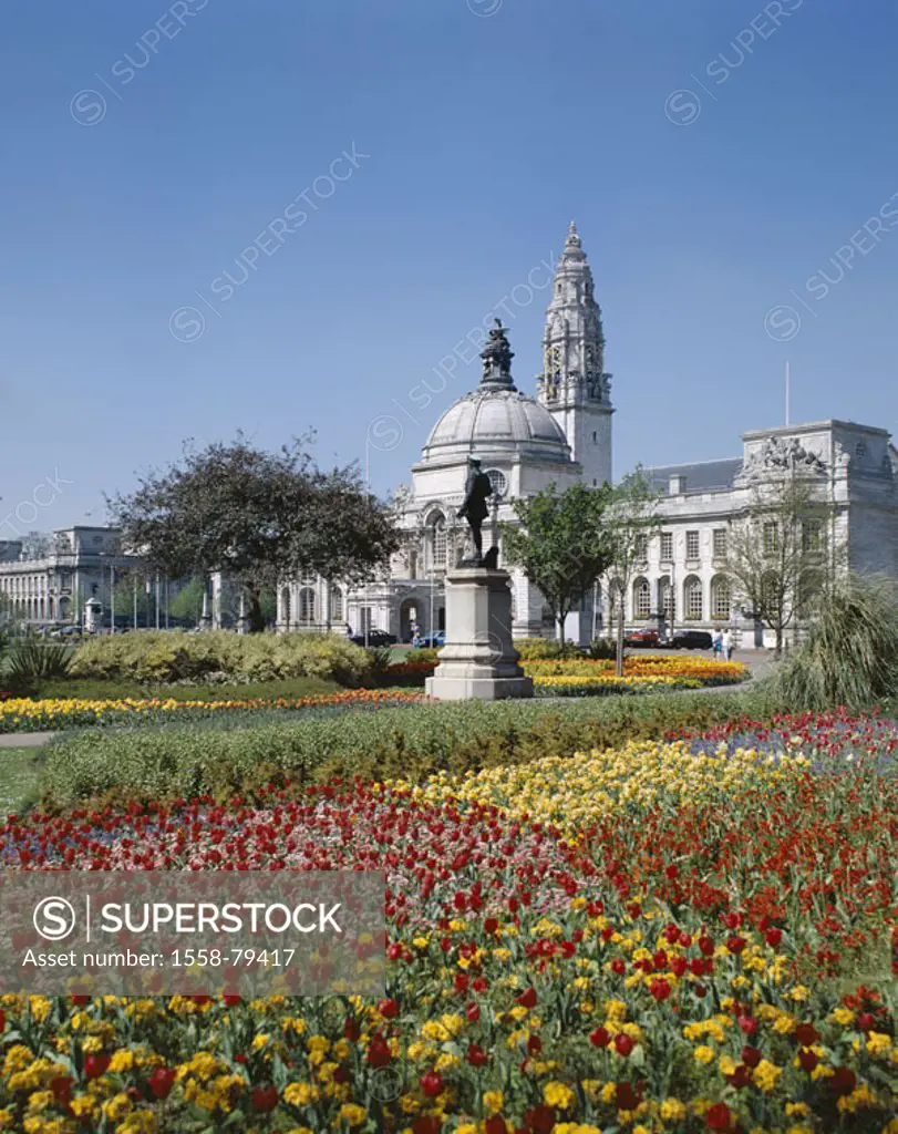 Great Britain, Wales, Cardiff,  Civic Centre, town hall, park, flowers,   Europe, island, South Glamorgan, city, capital, City Hall buildings construc...