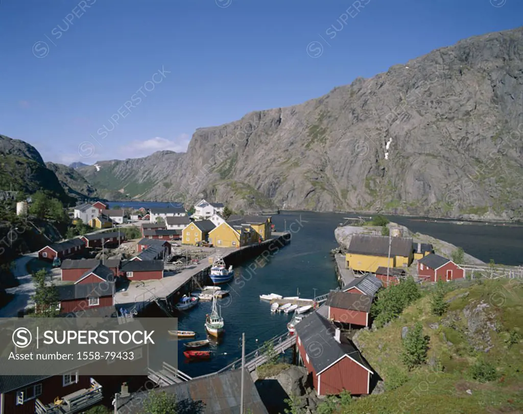 Norway, Lofoten, Nusfjord, Felsküste, Fisher houses  Series, Scandinavia, coast, steep coast, rocks, bay, harbor, fisher harbor, fisher boats, frameho...