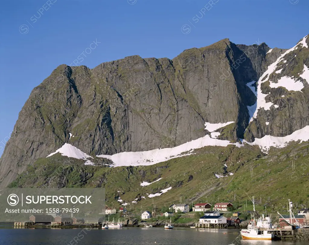 Norway, Lofoten, pure, skyline, Harbor   Series, Scandinavia, island Moskenesöy, Kirk fjord, coast, steep coast, mountains, rocks, houses, residences,...