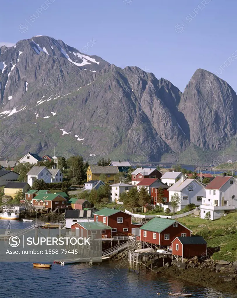 Norway, Lofoten, pure, skyline, Harbor, jetties,  Series, Scandinavia, island Moskenesöy, Kirk fjord, coast, steep coast, mountains, rocks, houses, re...