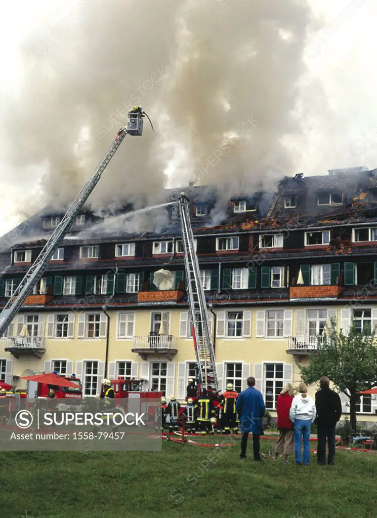 Germany, Bavaria, palace Elmau,   Blaze,  Fire brigade, Löscharbeiten,  Buildings, hotel, luxury hotel, old, historically, fire, fires, flames, fire d...