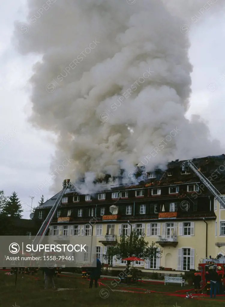 Germany, Bavaria, palace Elmau,   Blaze,  Fire brigade, Löscharbeiten,  Buildings, hotel, luxury hotel, old, historically, fire, fires, flames, fire d...