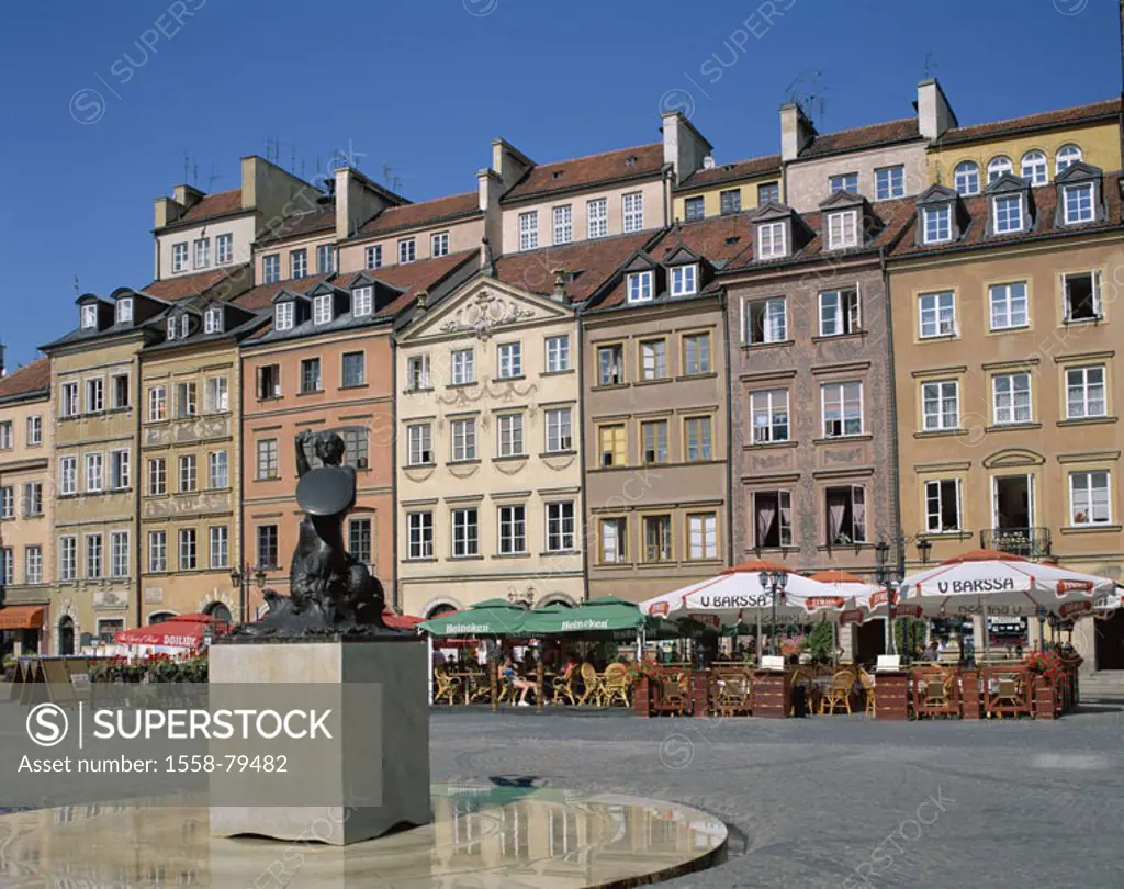Poland, Warsaw, old town, market place,  Residences, monument ´mermaid´, Street cafes Series, Eastern Europe, capital, market, houses, facade, pussy, ...
