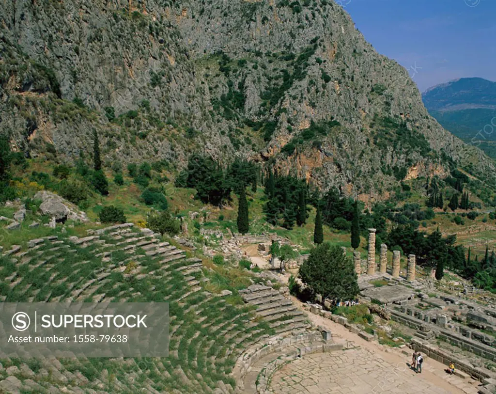 Greece, Delphi, theaters,  Apollon-Tempel, detail, overview  Temples, temple ruin, ruin, remains, antique, historically, art, culture, sight, destinat...