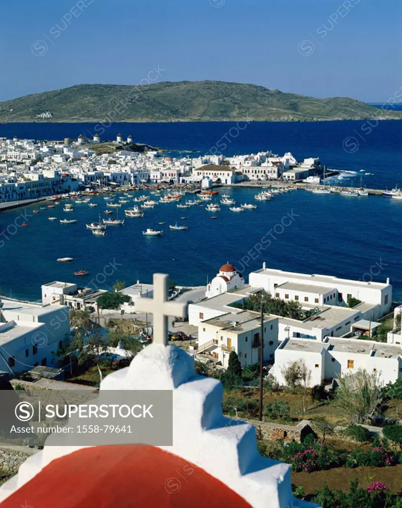 Greece, Kykladen, Mykonos,  Hora, view at the city, harbor  Kykladeninsel, island, coast region, city, cityscape, fisher harbor, fisher boats, destina...
