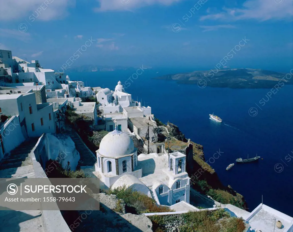 Greece, Kykladen, Santorin, Fira,  view at the city, sea, ships  Kykladeninsel, island, houses, residences, style, regional-typically, sight white fac...
