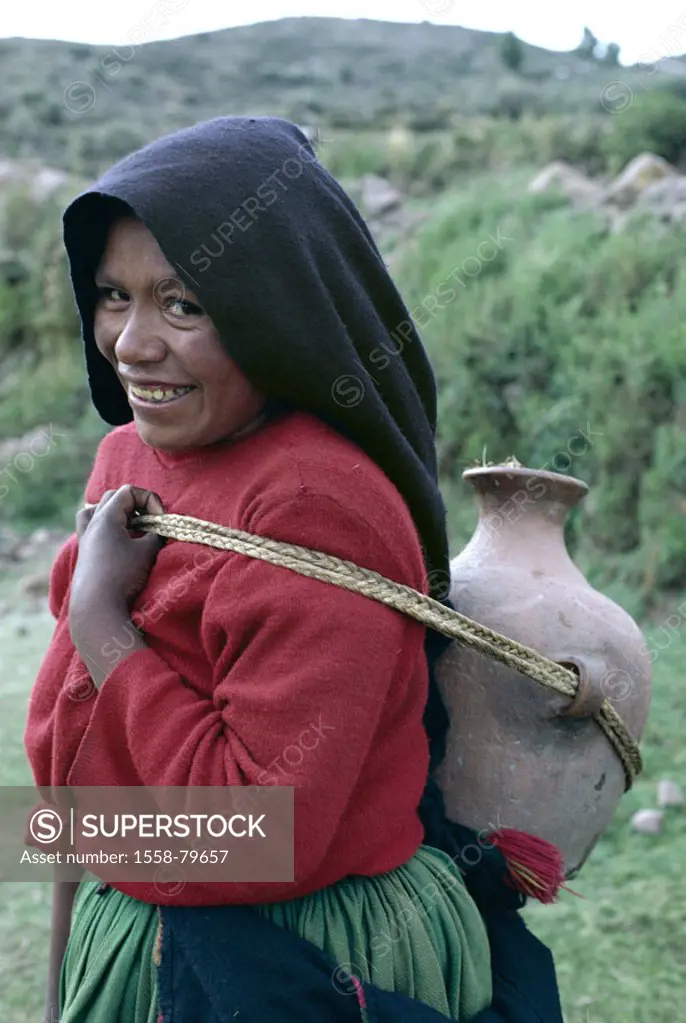 Peru, Titicacasee, Taquile Iceland,  Uru-Frau, kerchief, water jug, carries  South America, Titicaca-See, brine Titicaca, sea, highland sea, Uru-Stamm...