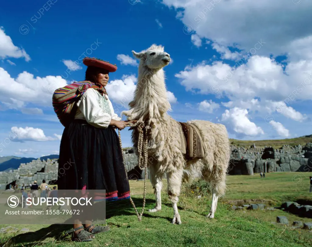 Peru, Sacsayhuaman, mountains, Ruin place, Indio-Frau, llama South America, close to Cuzco, wildlife, Wildlife animal mammal usefulness animal, woman,...