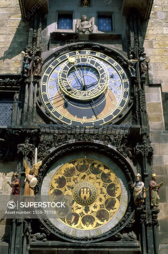Czech republic, Prague, old town, Altstädter town hall, detail, astronomic Clock Bohemia, capital, Praha, Altstädter ring, town hall buildings, Starom...