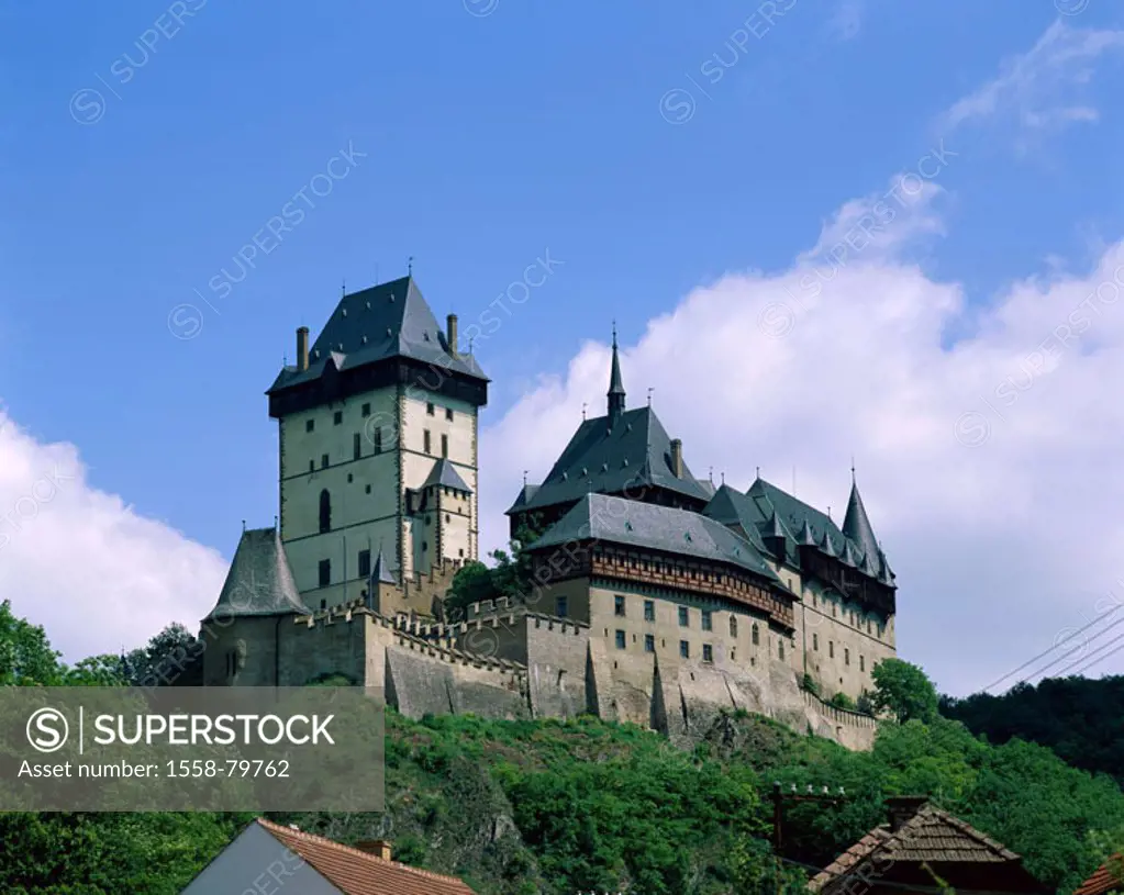 Czech republic, Karlstejn, Rise, castle, 14 Jh., summer,  Sudeten country, Karl stone, fortress, palace, construction, buildings, 1348-57, architectur...